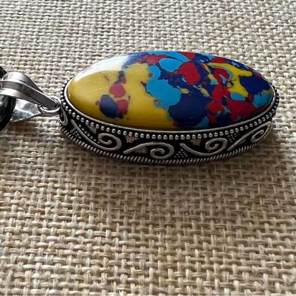 New Mosaic Balloon Jasper Vintage Style Silver Overlay Pendant Necklace - Picture 6 of 8